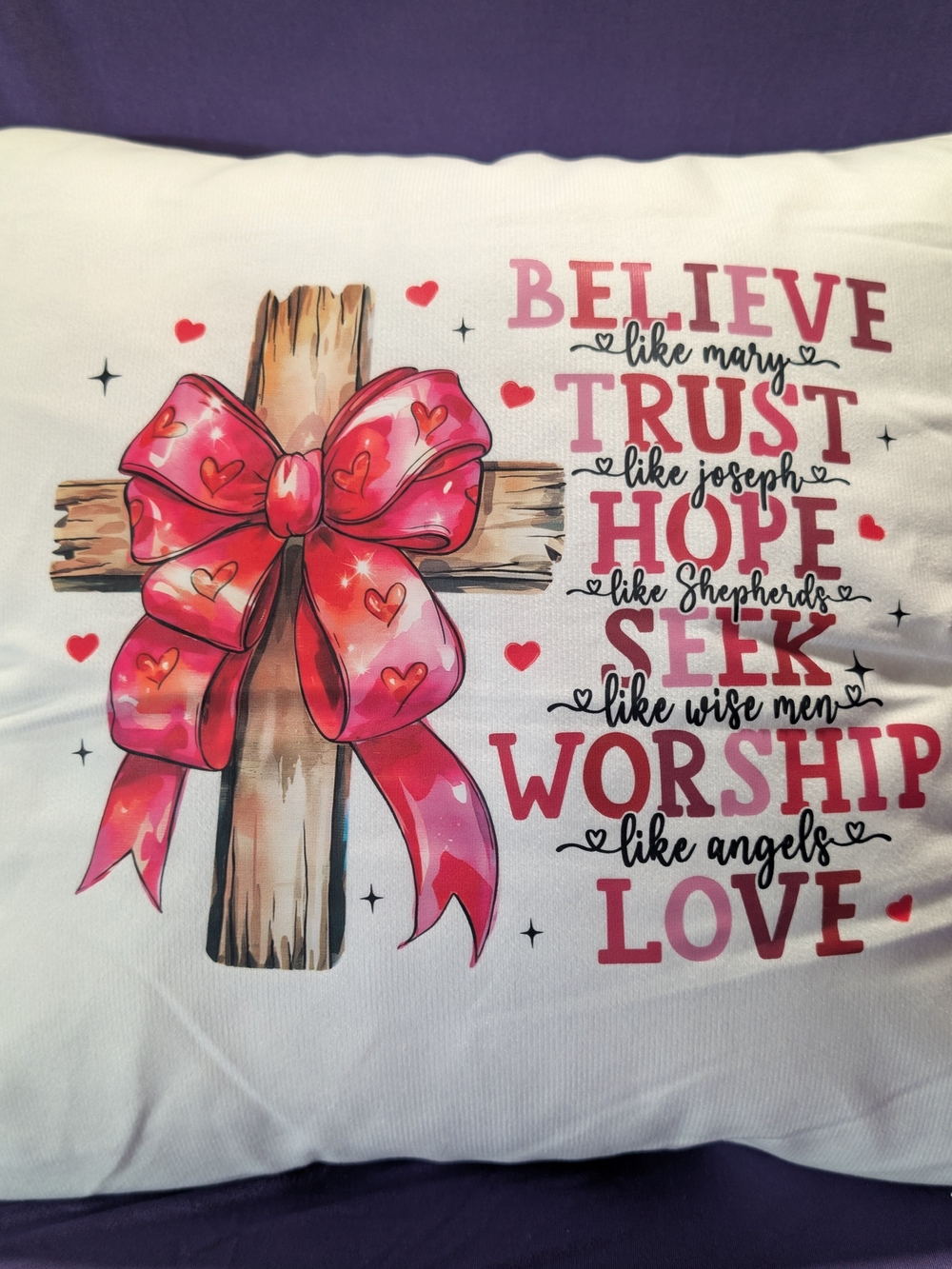 Faith Cross Pillow with Pink Bow and Inspirational Text